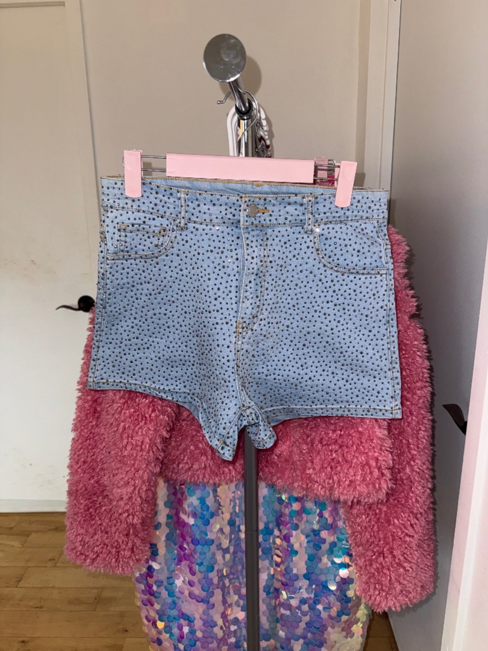 Light Wash Rhinestone Stretch Denim Shorts